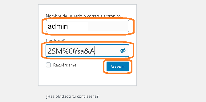 Ingresar nombre de usuario y contraseña luego de la instalación de wordpress automáticamente